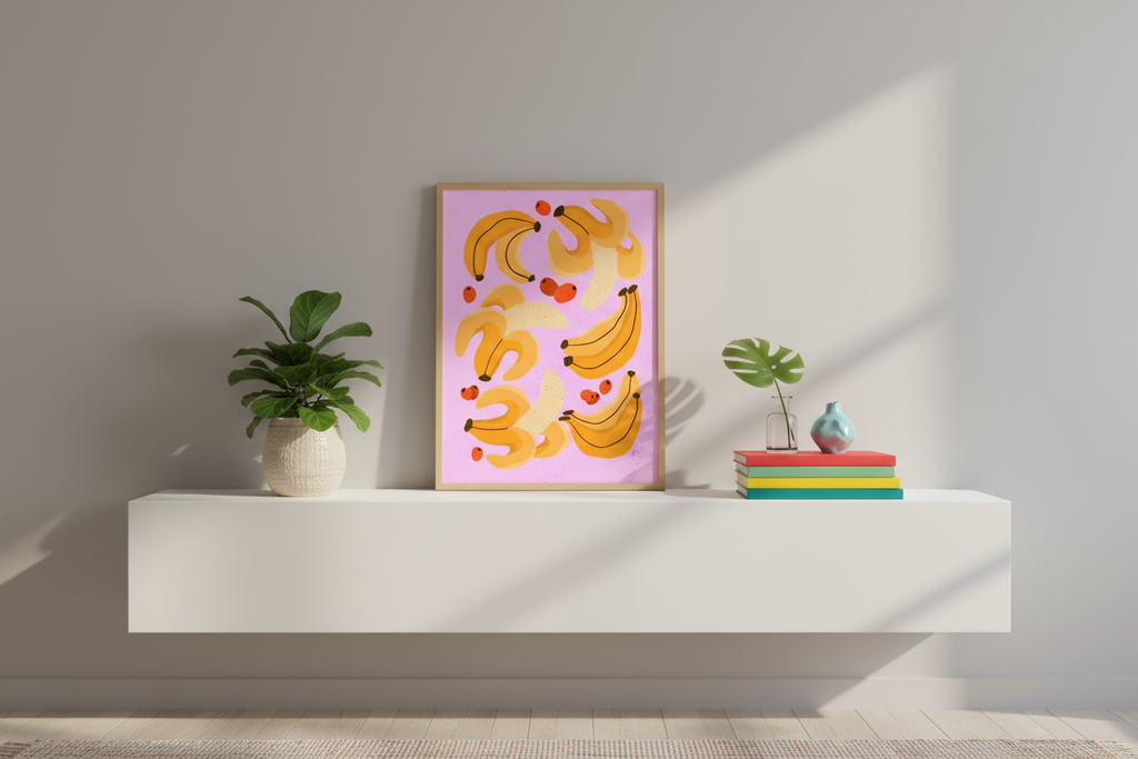 Banana Berry Party Print on floating shelf in bright modern living space