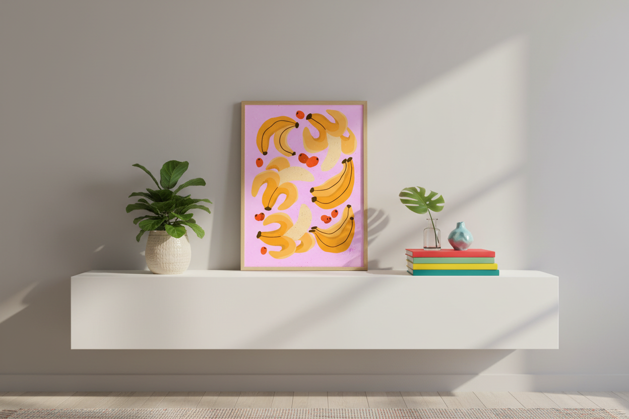 Banana Berry Party Print on floating shelf in bright modern living space