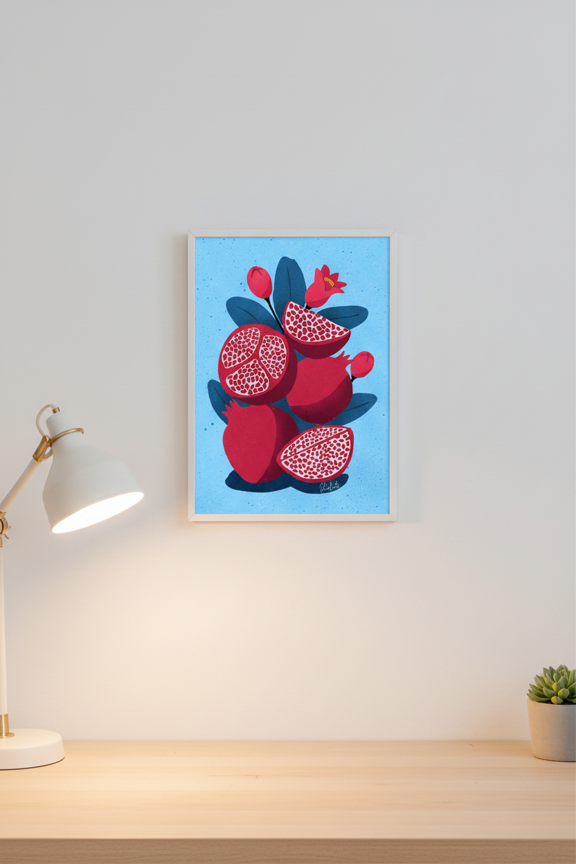 Pomegranate on Blue print framed next to a desk lamp