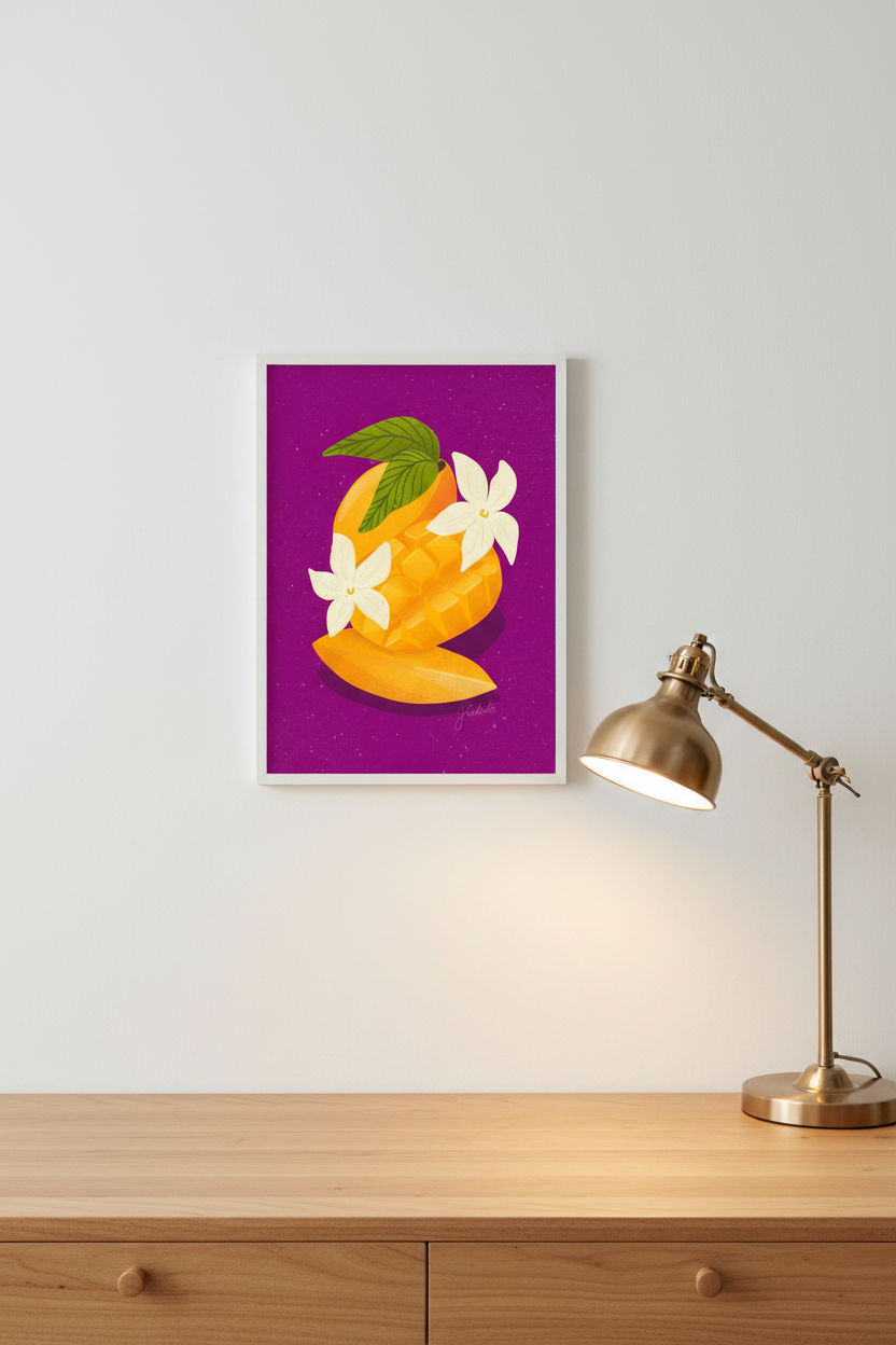 Sliced Mango Purple print framed next to a desk lamp