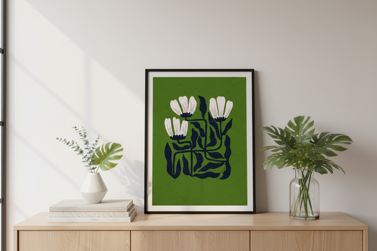 Midnight Bloom Grid Moss Green Print in modern living room on minimalist credenza