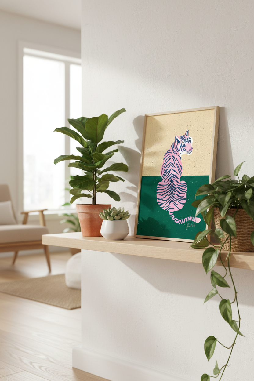 Tiger Yellow Green print displayed with houseplants