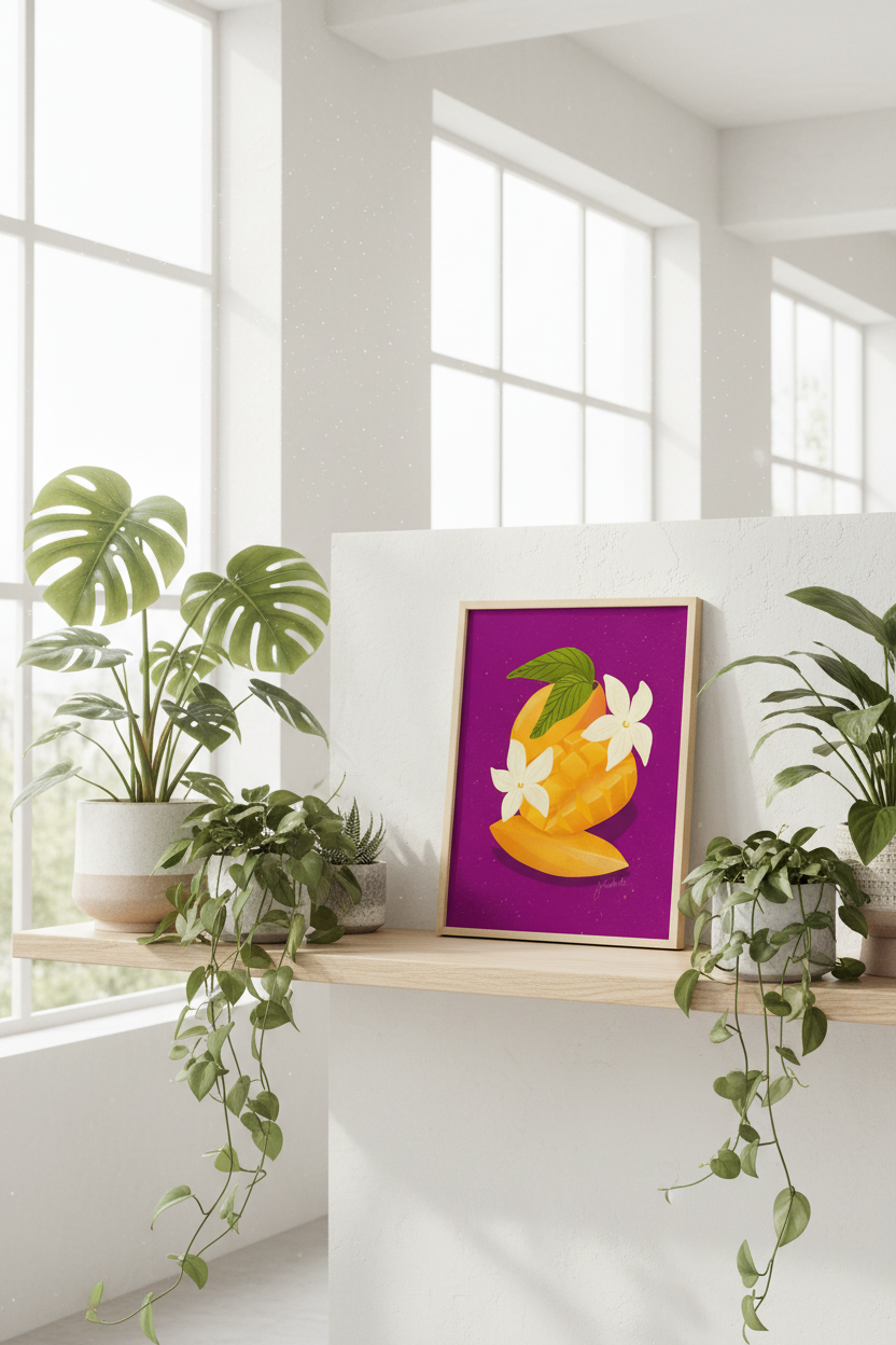 Sliced Mango Purple print displayed with houseplants