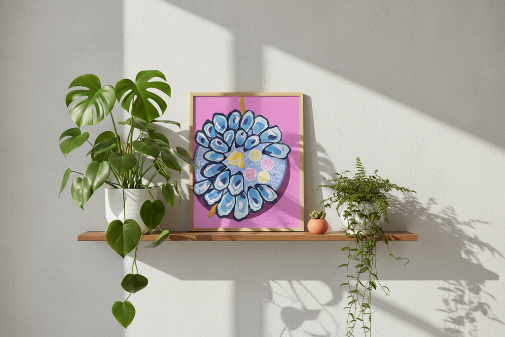 Pearl Tide Harvest print displayed with houseplants