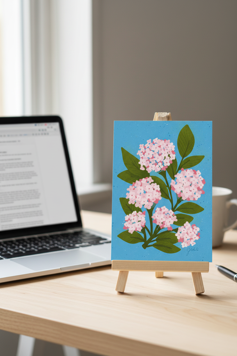 Hydrangea Bloom print on a stand next to a laptop