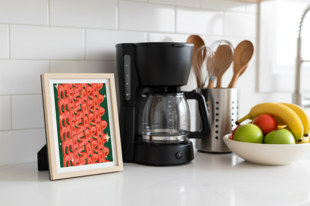 Masarap Lettering Filipino Print in kitchen with coffee maker showing 8x12 inch scale