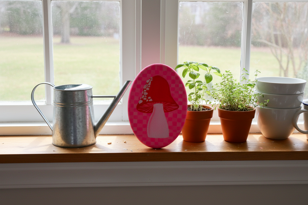 Pink Mushroom Painting on windowsill unframed showing 7x9 inch scale