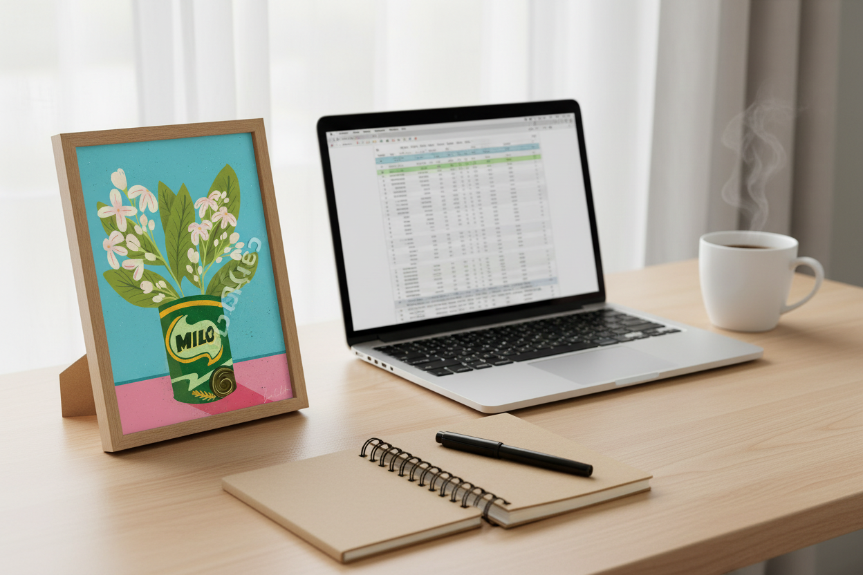 Milo Flower Can Filipino Print on desk with laptop showing compact size