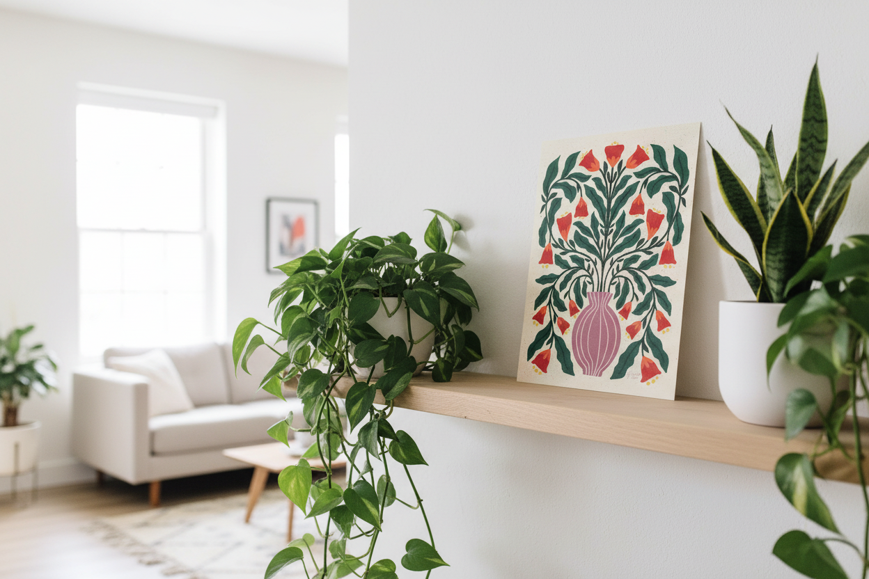 Purple Vase Red Bloom print displayed with houseplants