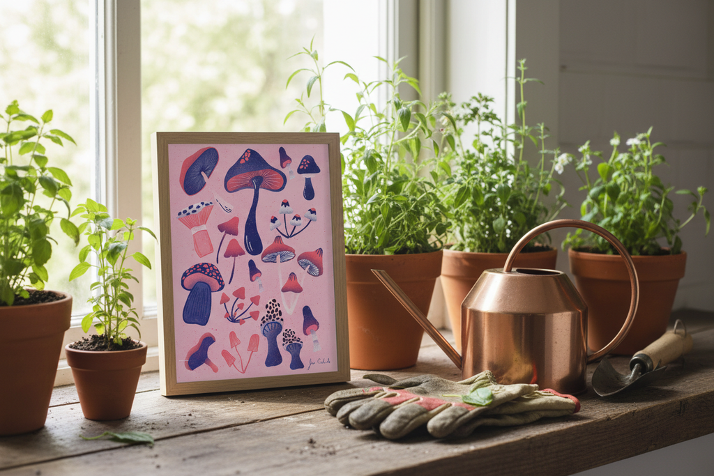 Whimsy Mushroom Garden Print on windowsill with plants showing 8x12 inch scale