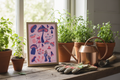 Whimsy Mushroom Garden Print on windowsill with plants showing 8x12 inch scale