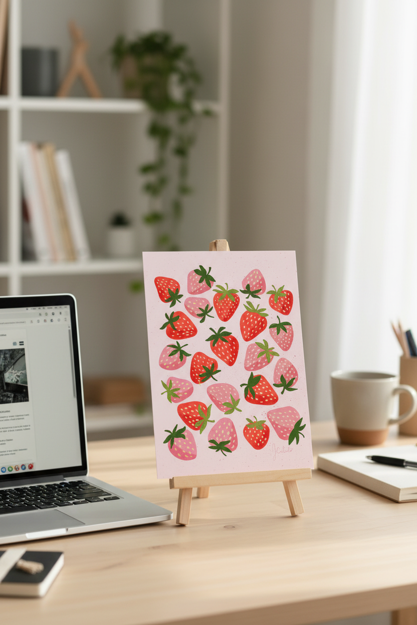 Strawberry print on a stand next to a laptop