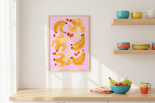 Banana Berry Party Print in cheerful kitchen setting with colorful accessories