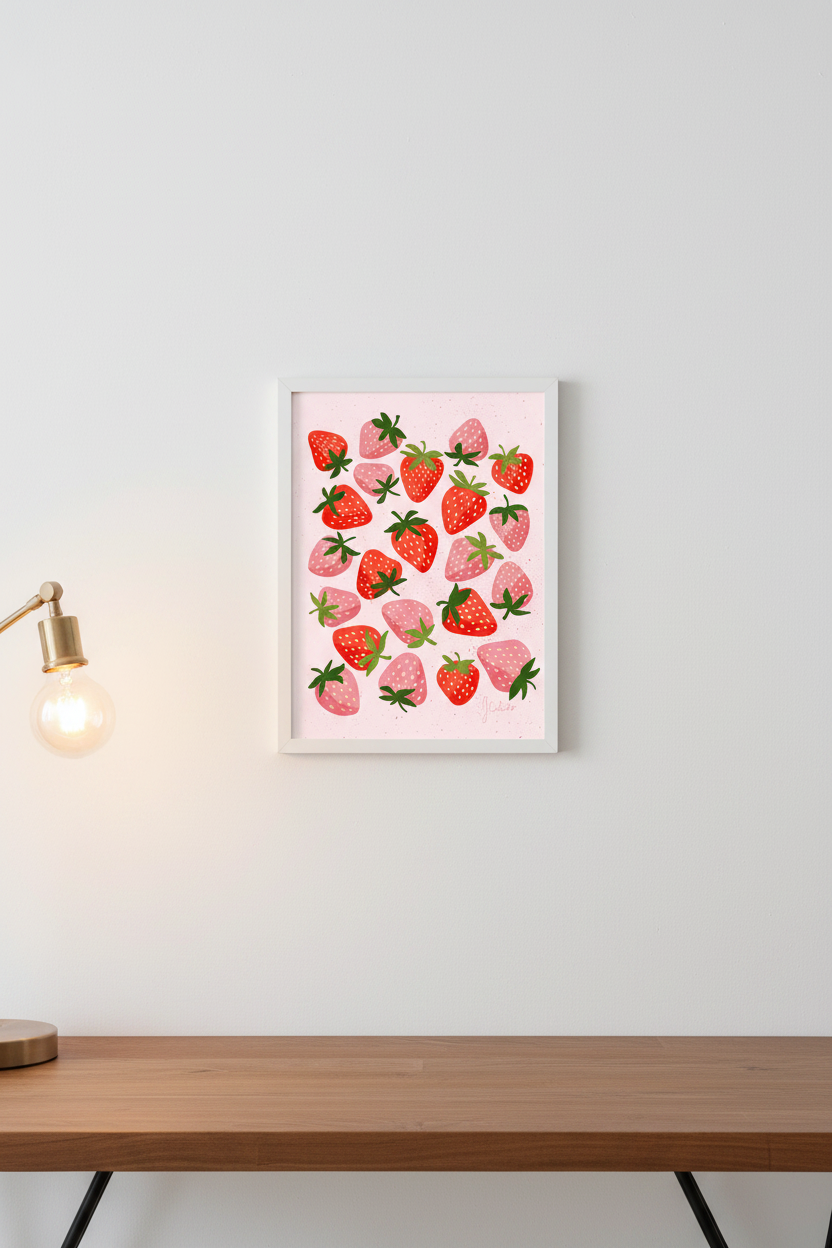 Strawberry print framed next to a desk lamp