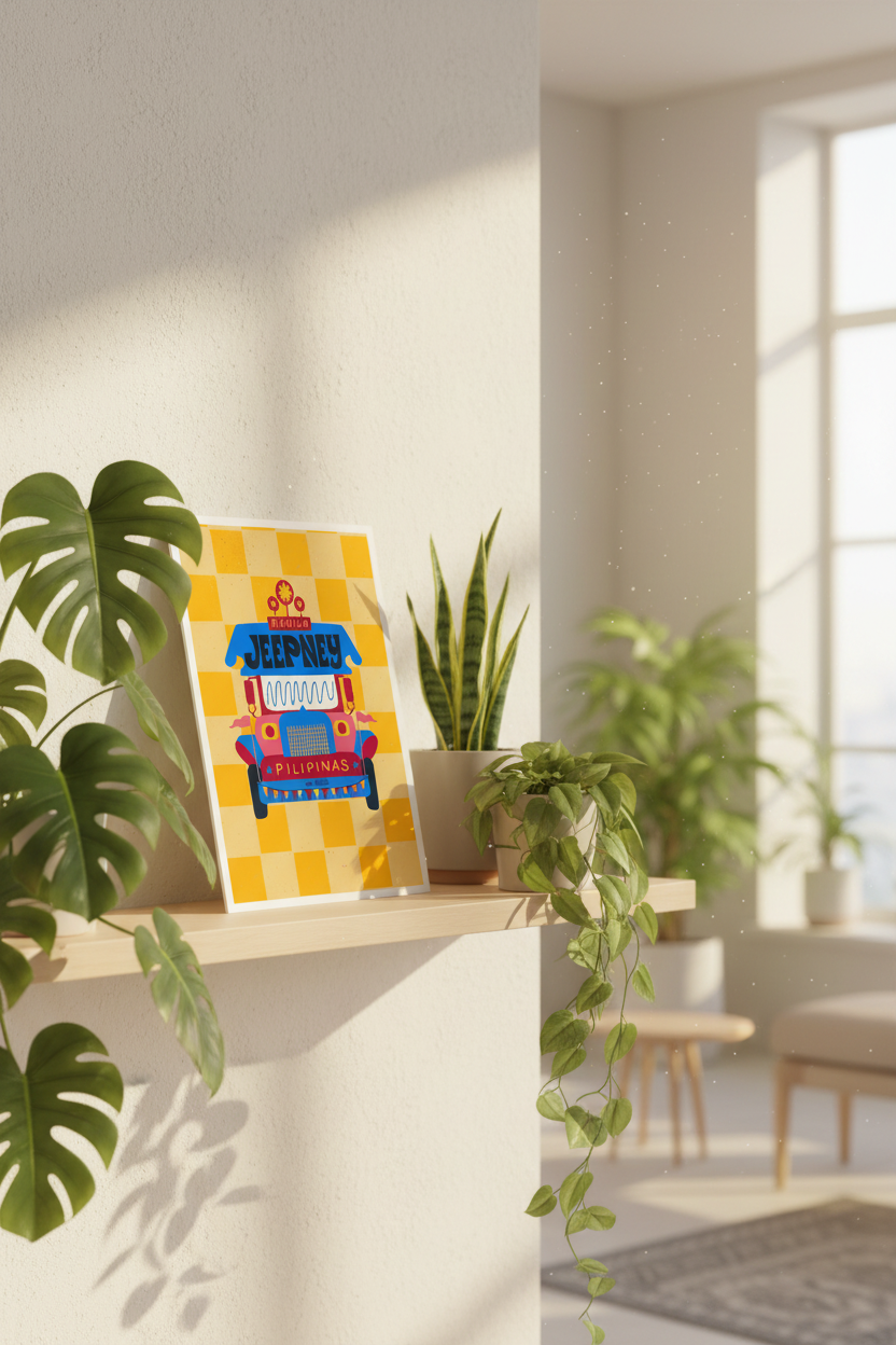 Filipino Jeepney Pinoy Pride print displayed with houseplants
