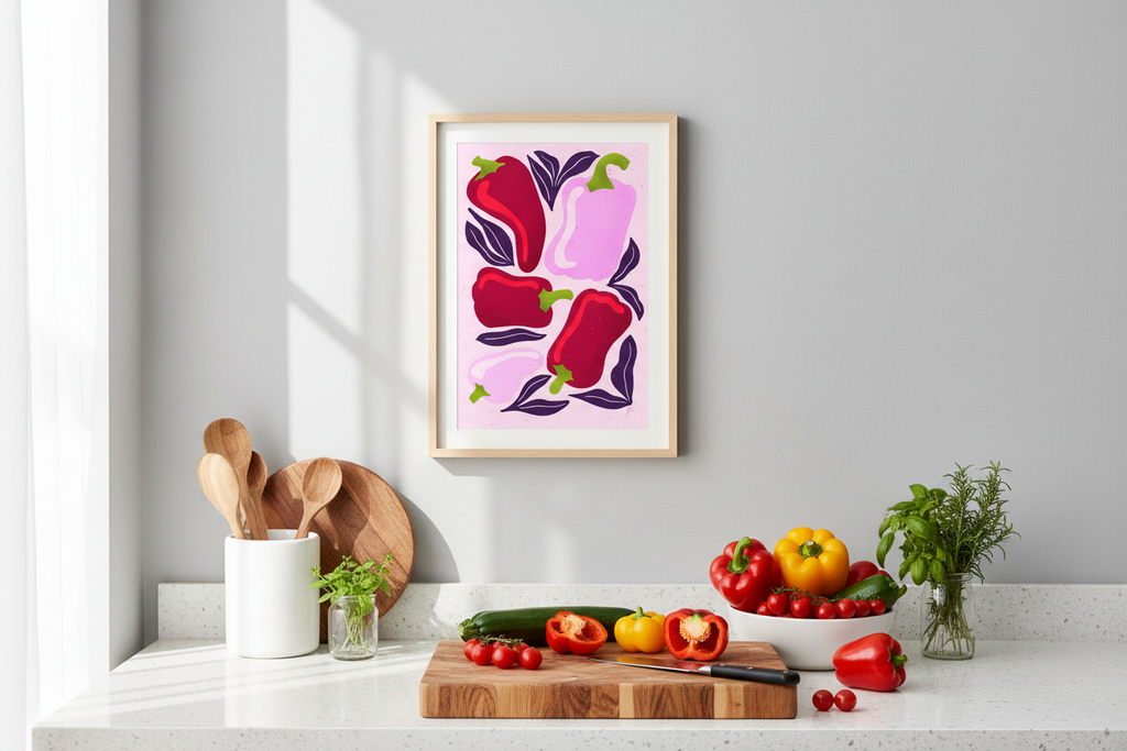 Pepper Parade Print in modern kitchen with fresh vegetables and natural light