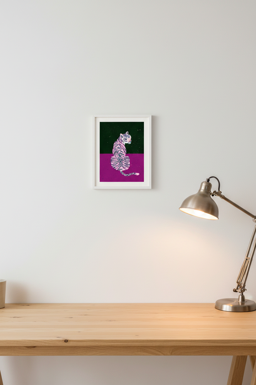 Tiger Purple Black print framed next to a desk lamp