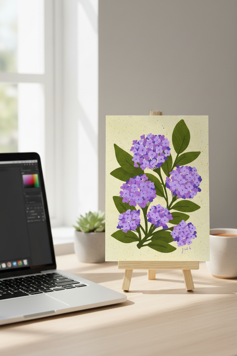 Purple Hydrangea print on a stand next to a laptop