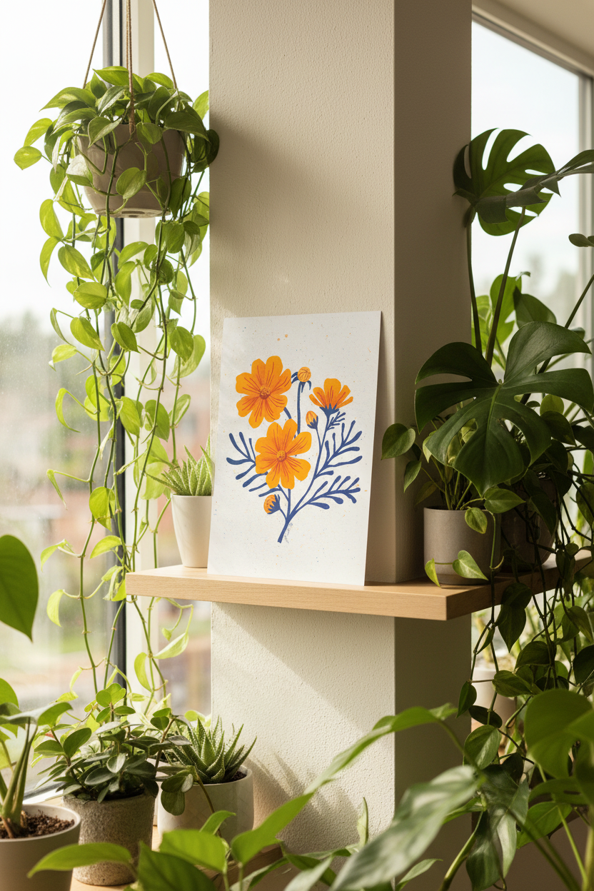 Cosmos print displayed with houseplants