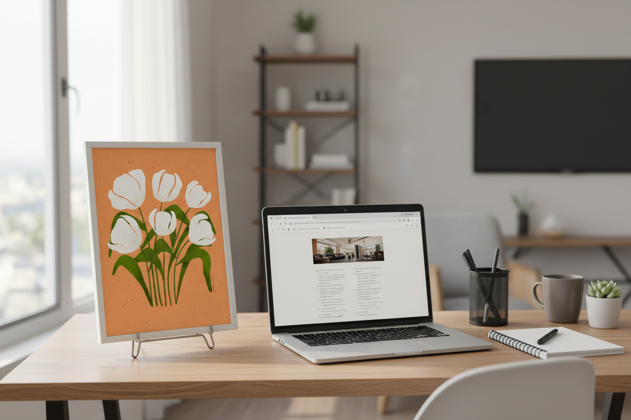 White Tulips Terracotta Glow Print on desk with laptop showing compact size