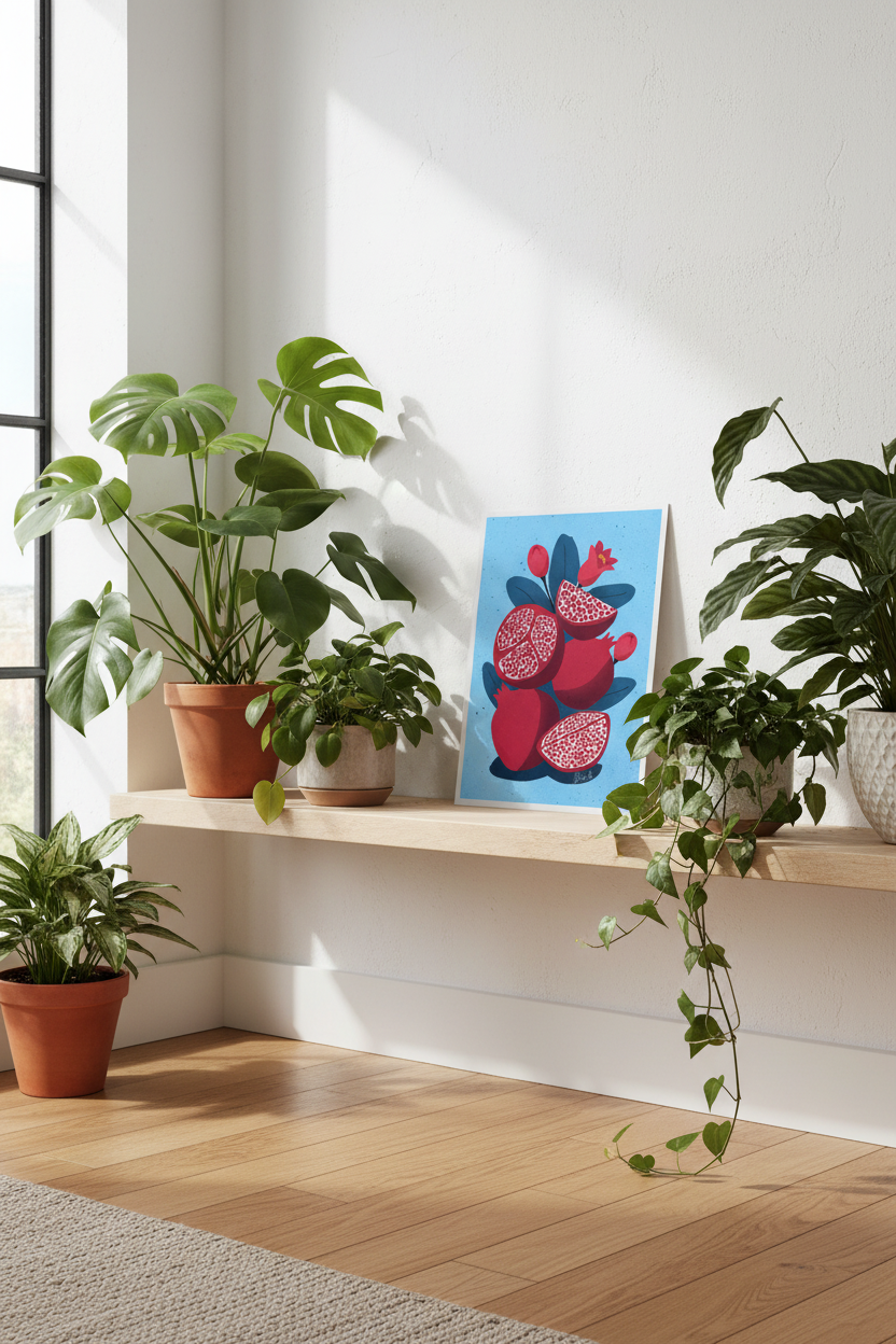 Pomegranate on Blue print displayed with houseplants