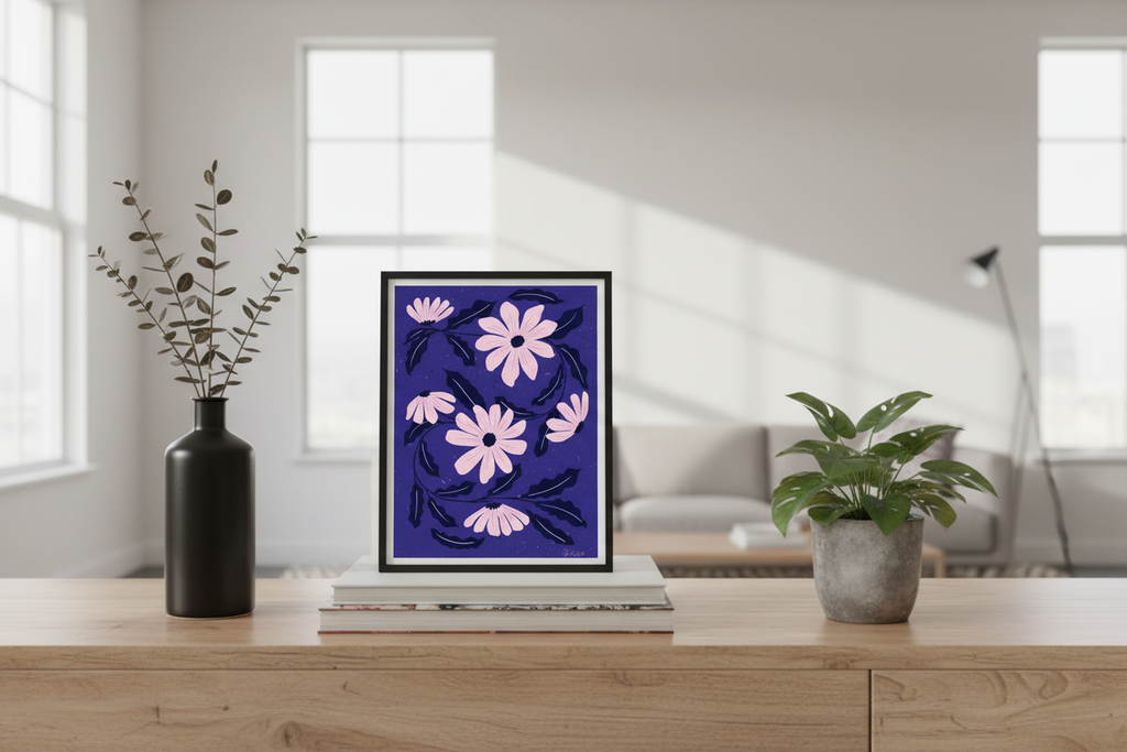 Midnight Bloom Dance Print on console table with books showing 8x12 inch scale