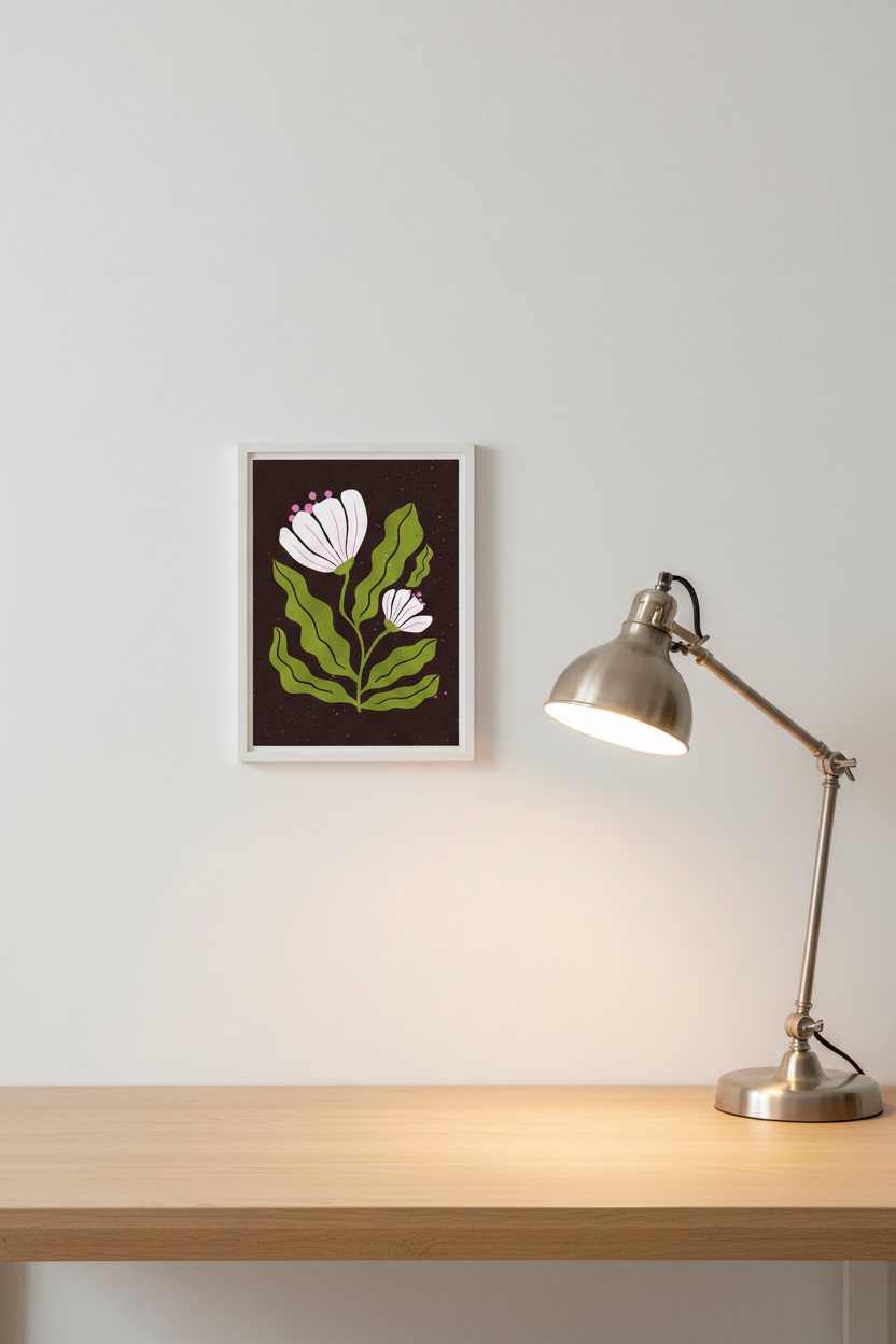 Retro Brown print framed next to a desk lamp