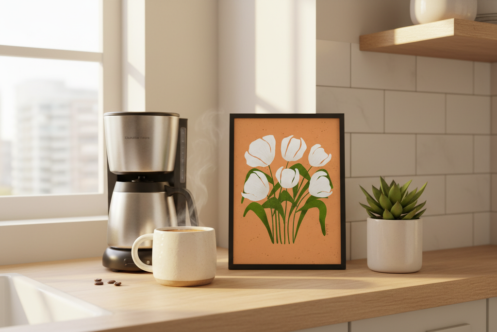 White Tulips Terracotta Glow Print in kitchen with coffee maker showing 8x12 inch scale