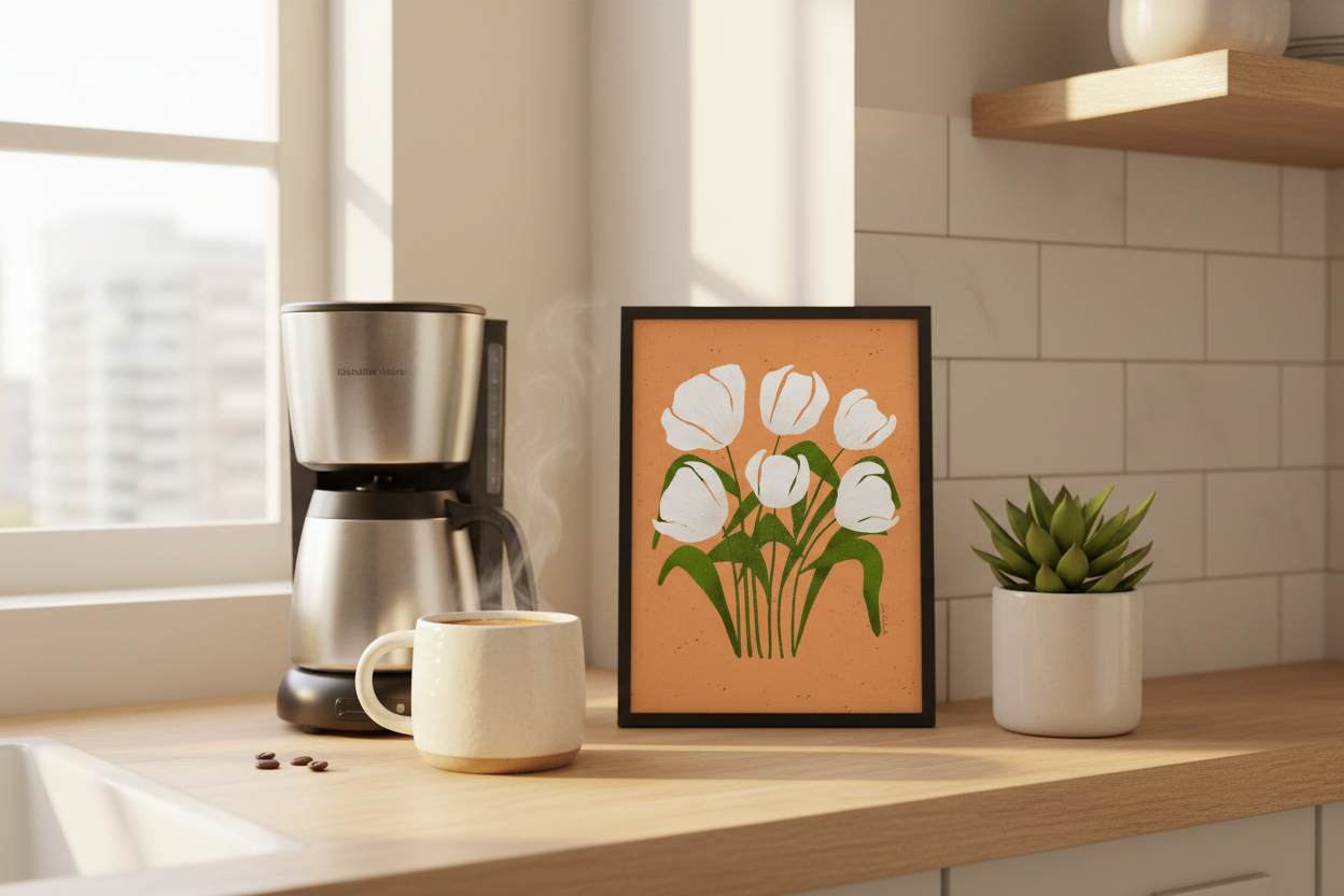 White Tulips Terracotta Glow Print in kitchen with coffee maker showing 8x12 inch scale