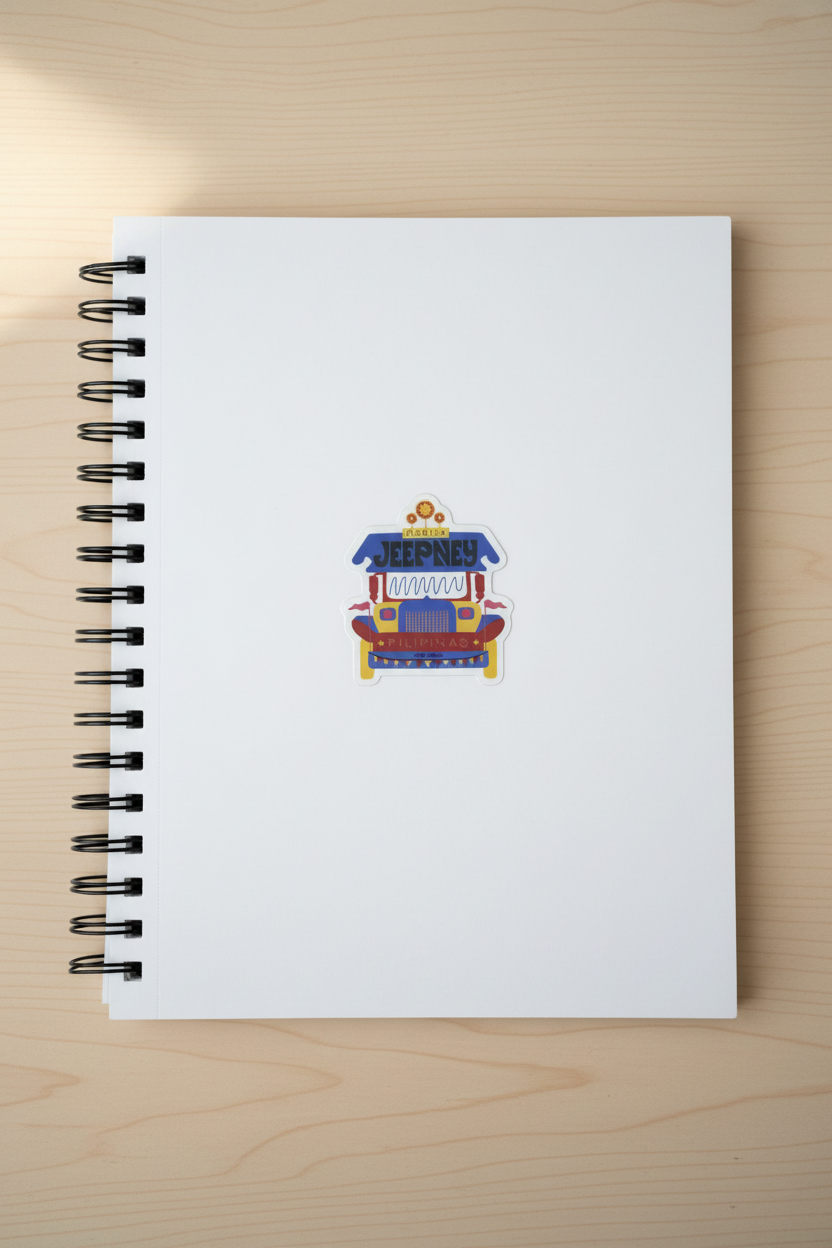 Manila Jeepney sticker on spiral notebook straight-on view