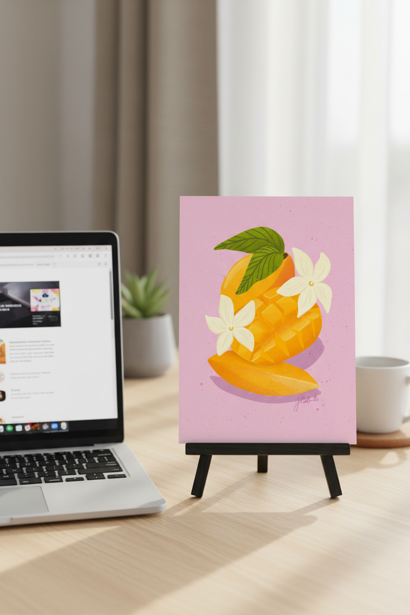 Sliced Mango Pink print on a stand next to a laptop