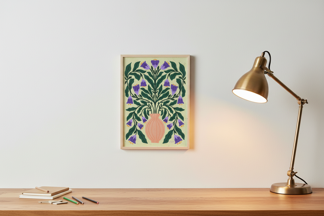 Orange Vase Purple Bloom print displayed next to a desk lamp