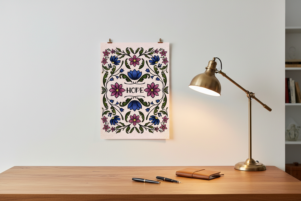 Hope in Bloom print displayed next to a desk lamp