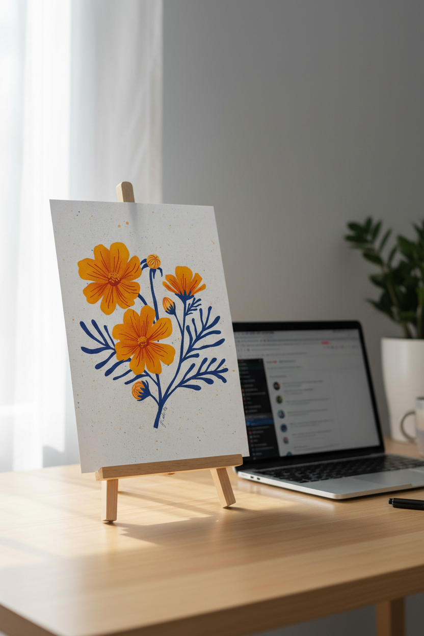 Cosmos print on a stand next to a laptop