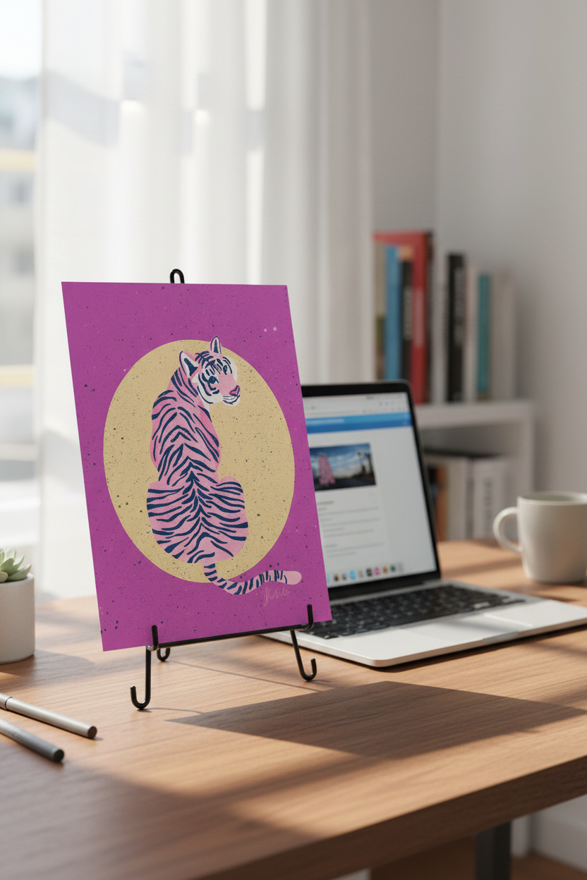 Tiger Yellow Sun print on a stand next to a laptop
