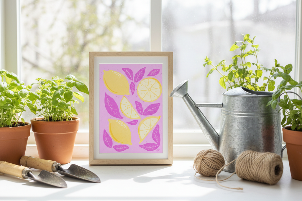 Zesty Lemons & Leaves Print on windowsill with herbs showing 8x12 inch scale