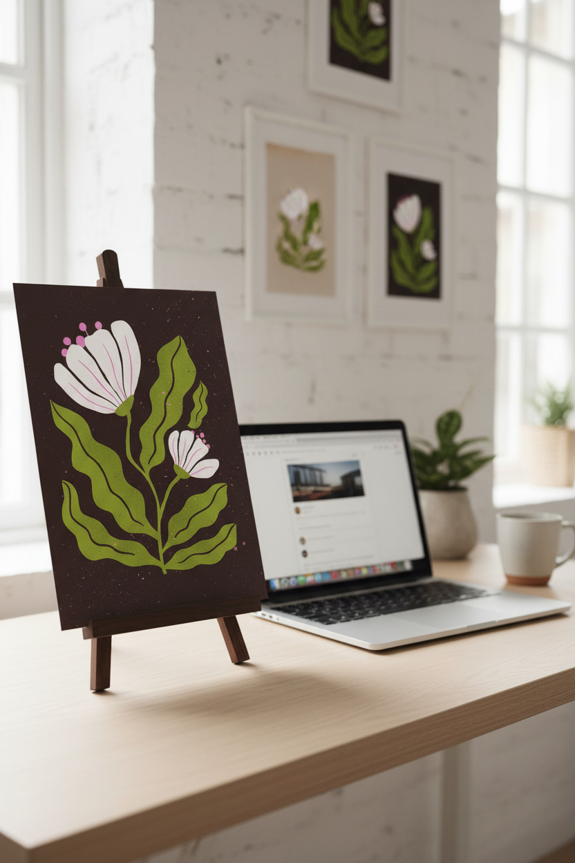 Retro Brown print on a stand next to a laptop