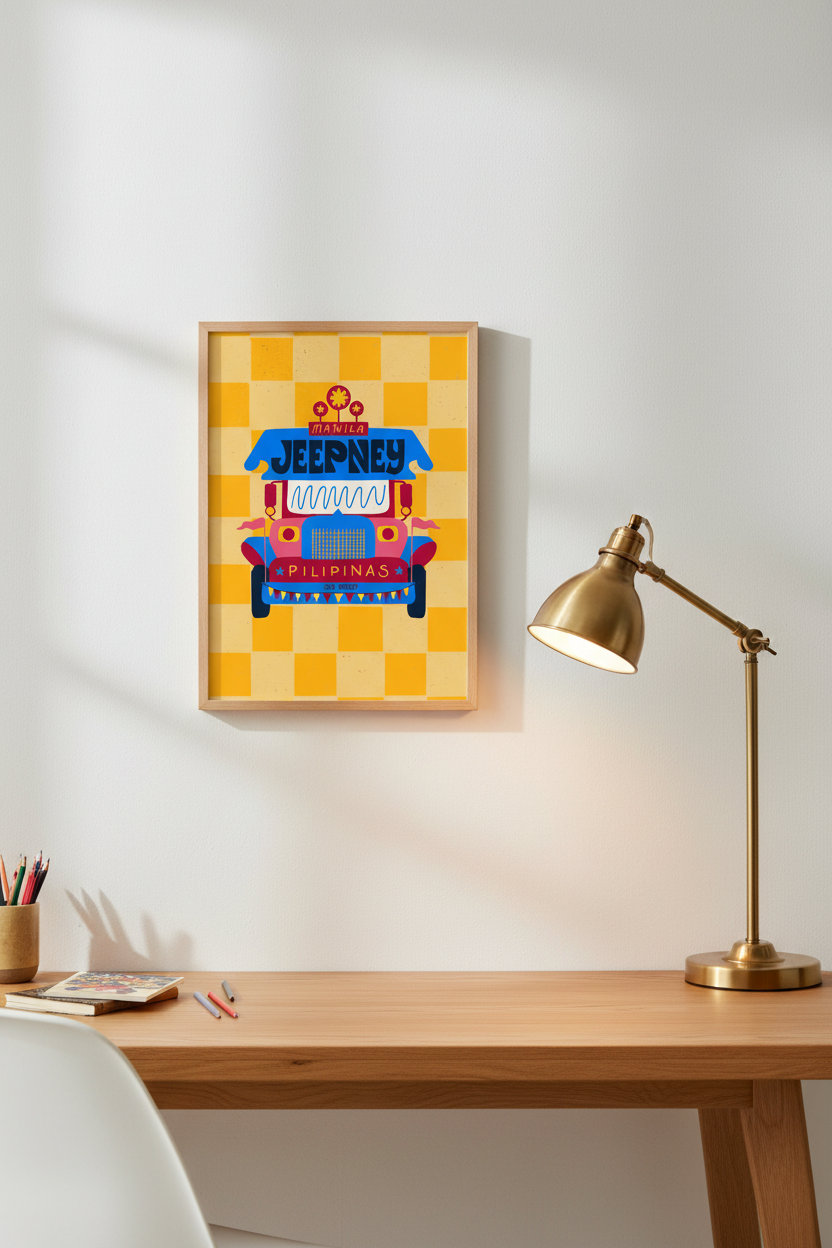 Filipino Jeepney Pinoy Pride print displayed next to a desk lamp
