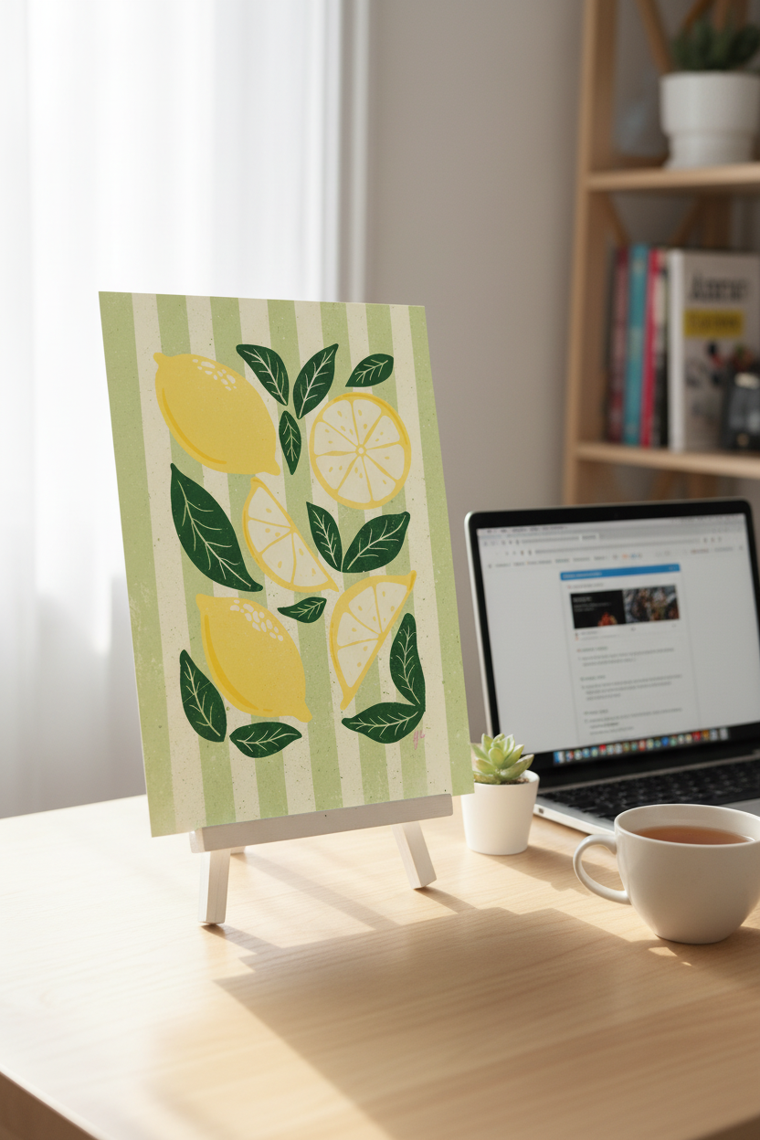 Lemon on Green print on a stand next to a laptop